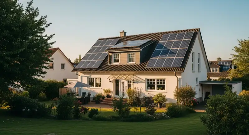 German detached house (Einfamilienhaus) with photovoltaic panels on pitched roof, well-maintained garden, warm afternoon sunlight