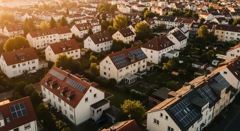 Aerial drone view of typical German residential neighborhood with mixed roof types, red and dark roof tiles, gardens visible, sunny day