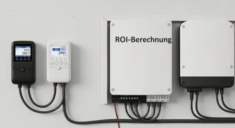 Modern German electrical meter cabinet (Zählerschrank) with smart meter and solar inverter connection, clean technical installation