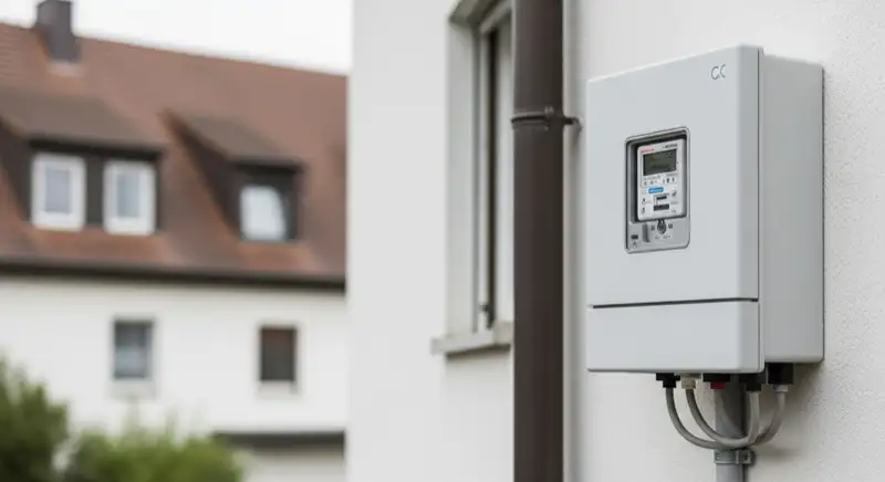 Modern German electrical meter cabinet (Zählerschrank) with smart meter and solar inverter connection, clean technical installation