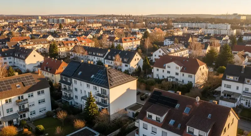 Aerial drone view of typical German residential neighborhood with mixed roof types, red and dark roof tiles, gardens visible, sunny day