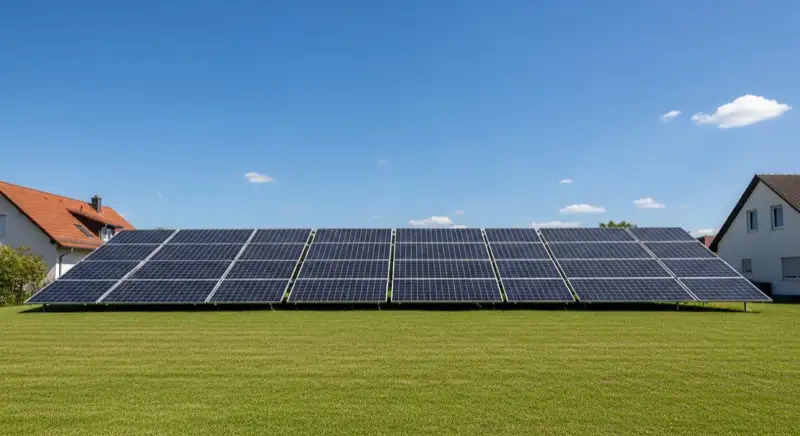 Aerial drone view of typical German residential neighborhood with mixed roof types, red and dark roof tiles, gardens visible, sunny day