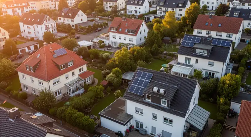 Aerial drone view of typical German residential neighborhood with mixed roof types, red and dark roof tiles, gardens visible, sunny day