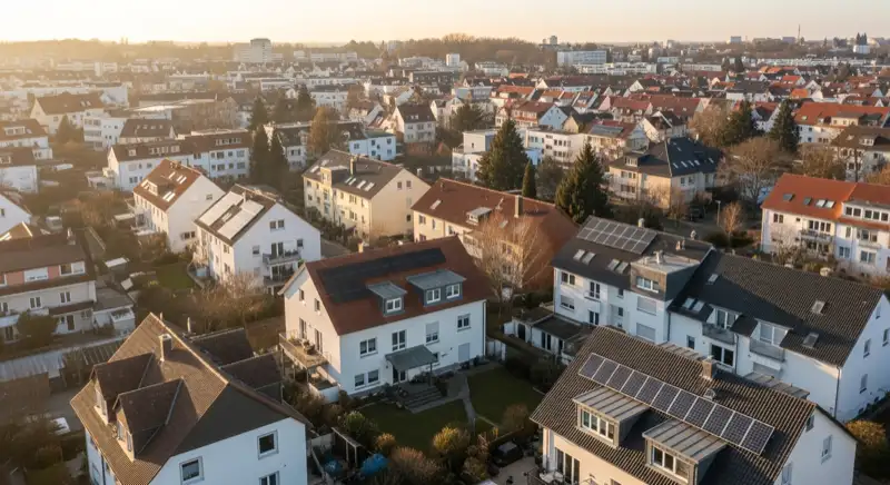 Aerial drone view of typical German residential neighborhood with mixed roof types, red and dark roof tiles, gardens visible, sunny day