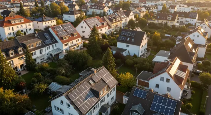 Aerial drone view of typical German residential neighborhood with mixed roof types, red and dark roof tiles, gardens visible, sunny day