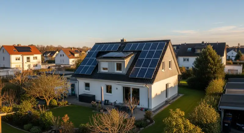 German detached house (Einfamilienhaus) with photovoltaic panels on pitched roof, well-maintained garden, warm afternoon sunlight