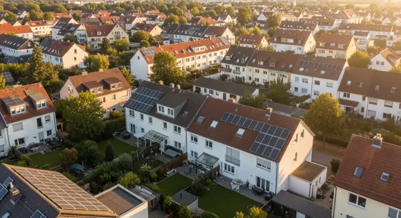 Aerial drone view of typical German residential neighborhood with mixed roof types, red and dark roof tiles, gardens visible, sunny day