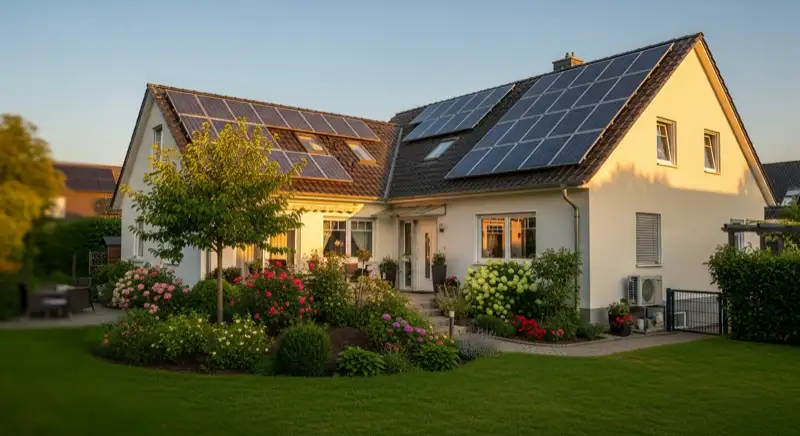 German detached house (Einfamilienhaus) with photovoltaic panels on pitched roof, well-maintained garden, warm afternoon sunlight