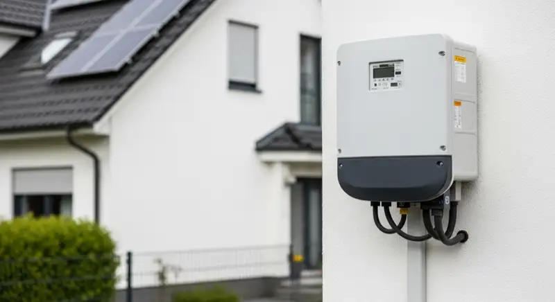 Modern German electrical meter cabinet (Zählerschrank) with smart meter and solar inverter connection, clean technical installation