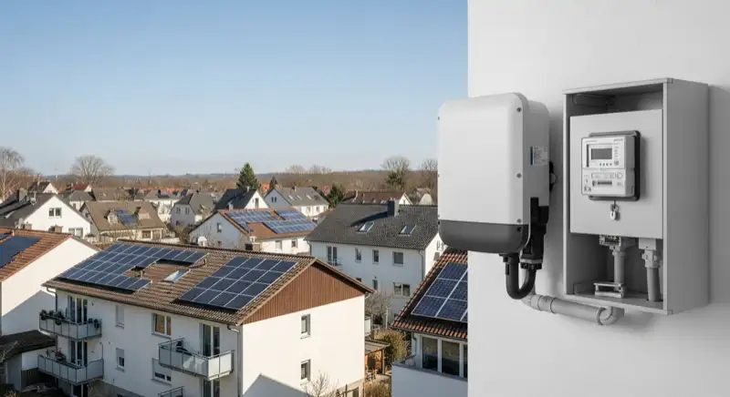 Modern German electrical meter cabinet (Zählerschrank) with smart meter and solar inverter connection, clean technical installation