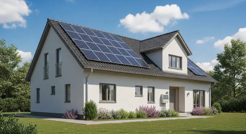 Modern German electrical meter cabinet (Zählerschrank) with smart meter and solar inverter connection, clean technical installation
