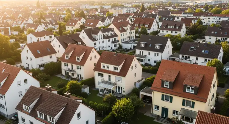 Wohngebiete in Würzburg mit verschiedenen Bauformen, typische Einfamilienhäuser und Dachstrukturen aus der Luft