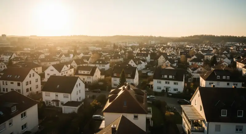 Wohngebiete in Würzburg mit verschiedenen Bauformen, typische Einfamilienhäuser und Dachstrukturen aus der Luft