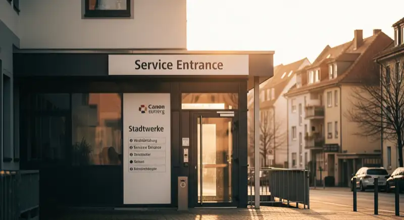 Blick auf das Stadtwerke-Gebäude in Würzburg mit Service-Eingang, lokale Versorgeratmosphäre