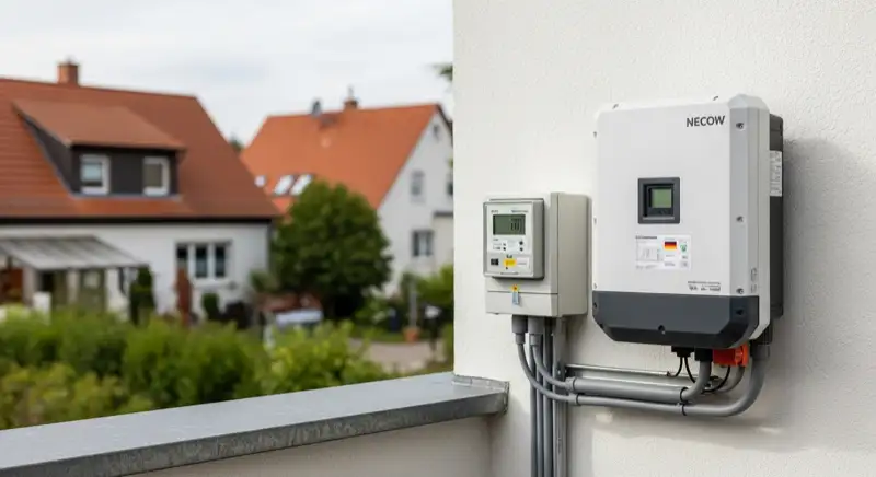 Modern German electrical meter cabinet (Zählerschrank) with smart meter and solar inverter connection, clean technical installation
