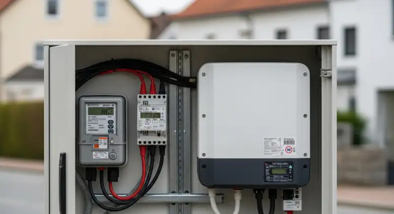 Modern German electrical meter cabinet (Zählerschrank) with smart meter and solar inverter connection, clean technical installation