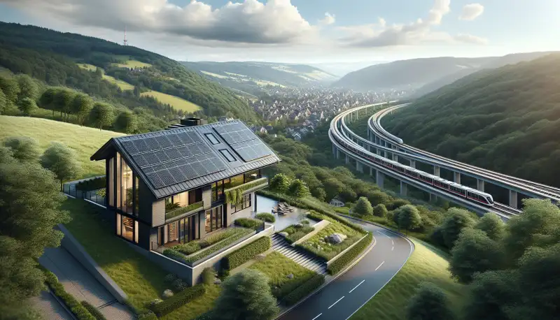 Einfamilienhaus mit Photovoltaikanlage in den Hügeln von Wuppertal, Bergisches Land Panorama