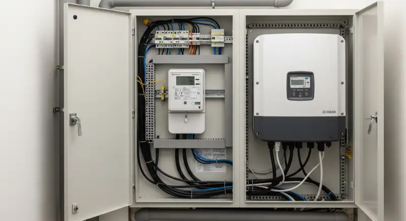 Modern German electrical meter cabinet (Zählerschrank) with smart meter and solar inverter connection, clean technical installation