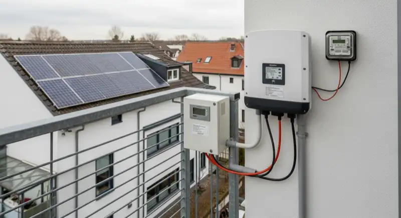 Modern German electrical meter cabinet (Zählerschrank) with smart meter and solar inverter connection, clean technical installation