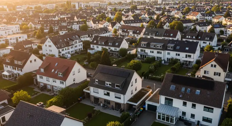 Aerial drone view of typical German residential neighborhood with mixed roof types, red and dark roof tiles, gardens visible, sunny day