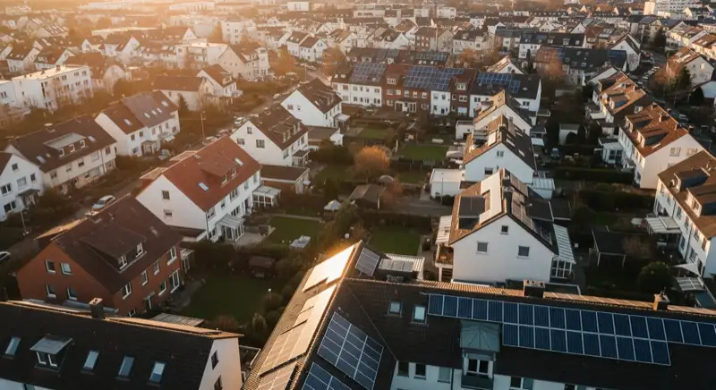 Aerial drone view of typical German residential neighborhood with mixed roof types, red and dark roof tiles, gardens visible, sunny day