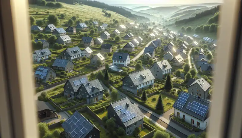 Luftaufnahme von Wuppertaler Wohngebiet mit Solardächern im Bergischen Land