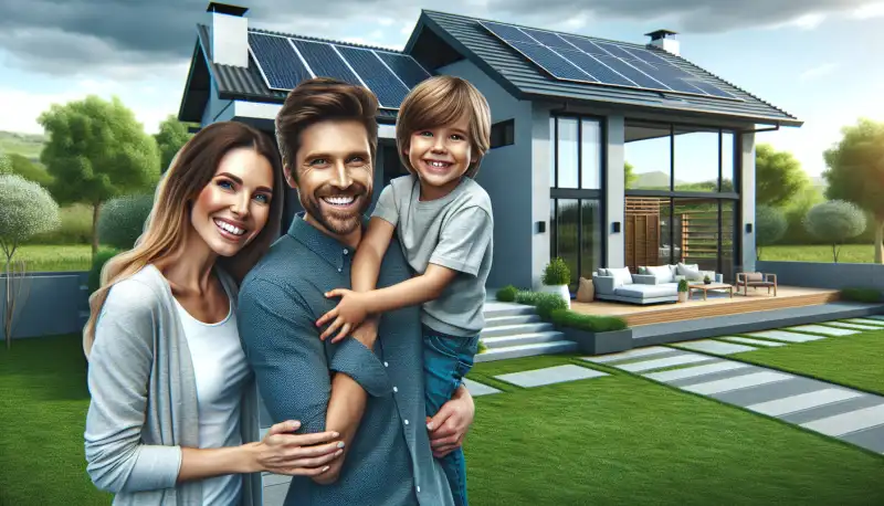 Familie vor ihrem Haus mit Photovoltaikanlage in Wuppertal