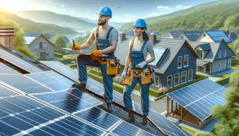 Solarinstallateure bei der Montage einer Photovoltaikanlage auf einem Wuppertaler Dach