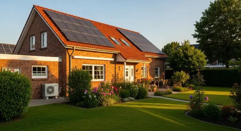 German detached house (Einfamilienhaus) with photovoltaic panels on pitched roof, well-maintained garden, warm afternoon sunlight