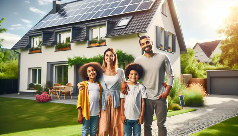 Familie vor ihrem Haus mit Solaranlage in Aachen