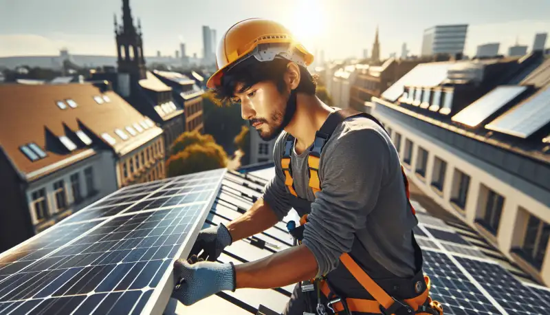 Solarinstallateur bei der Montage auf einem Aachener Dach