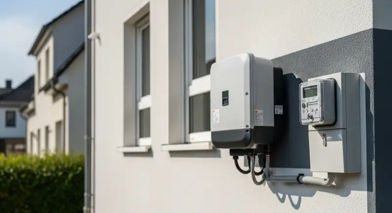 Modern German electrical meter cabinet (Zählerschrank) with smart meter and solar inverter connection, clean technical installation