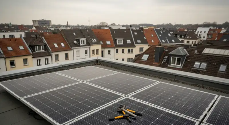 Installateur wartet PV-Module auf Aachener Hausdach mit Werkzeugen