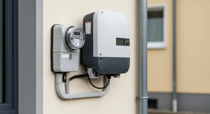 Modern German electrical meter cabinet (Zählerschrank) with smart meter and solar inverter connection, clean technical installation