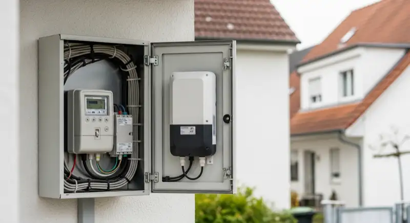 Modern German electrical meter cabinet (Zählerschrank) with smart meter and solar inverter connection, clean technical installation