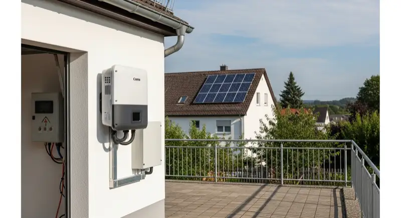 Modern solar inverter mounted on garage wall next to electrical panel, clean professional installation, natural daylight