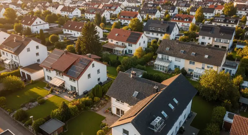 Aerial drone view of typical German residential neighborhood with mixed roof types, red and dark roof tiles, gardens visible, sunny day