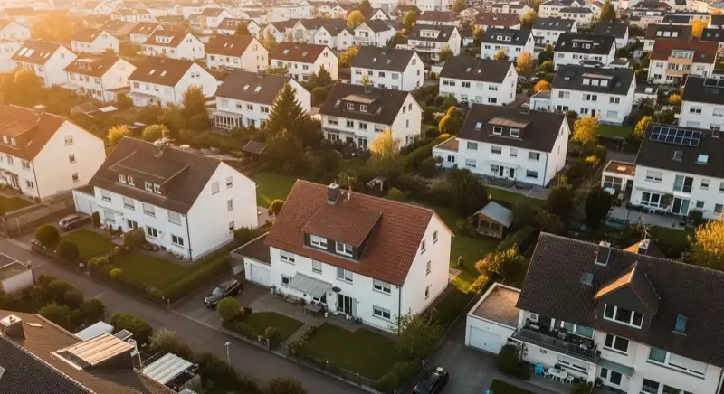Aerial drone view of typical German residential neighborhood with mixed roof types, red and dark roof tiles, gardens visible, sunny day