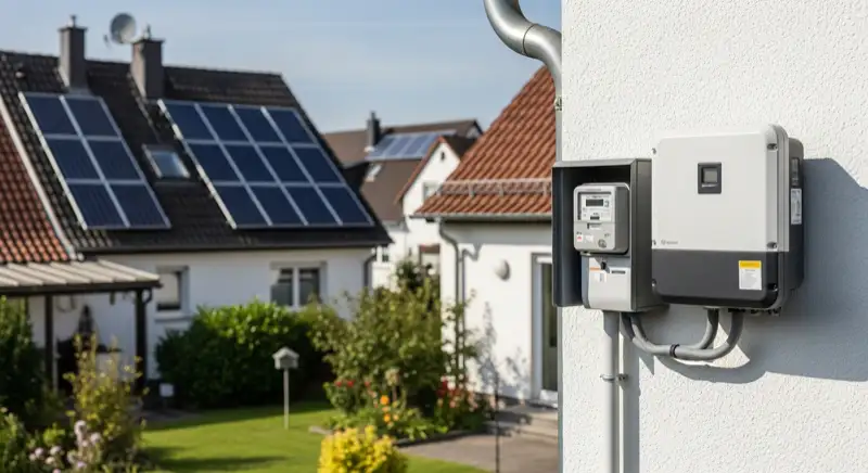 Modern German electrical meter cabinet (Zählerschrank) with smart meter and solar inverter connection, clean technical installation