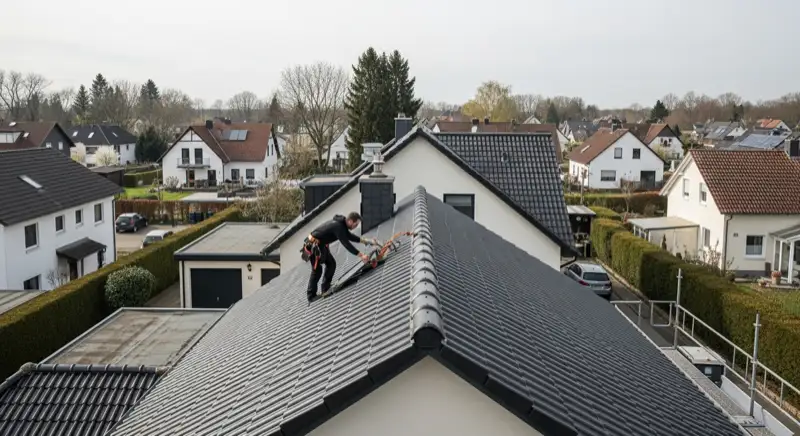 Installateur auf dem Satteldach eines Einfamilienhauses in Ahaus