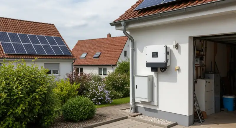 Modern solar inverter mounted on garage wall next to electrical panel, clean professional installation, natural daylight