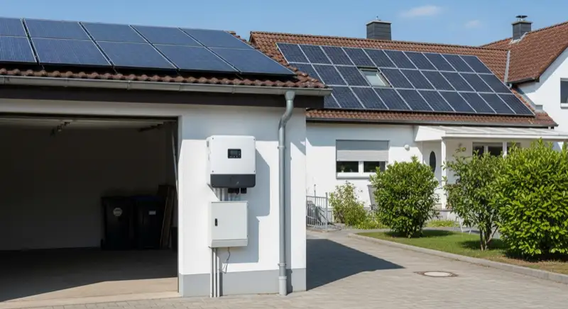 Modern solar inverter mounted on garage wall next to electrical panel, clean professional installation, natural daylight