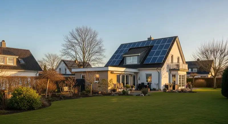 German detached house (Einfamilienhaus) with photovoltaic panels on pitched roof, well-maintained garden, warm afternoon sunlight
