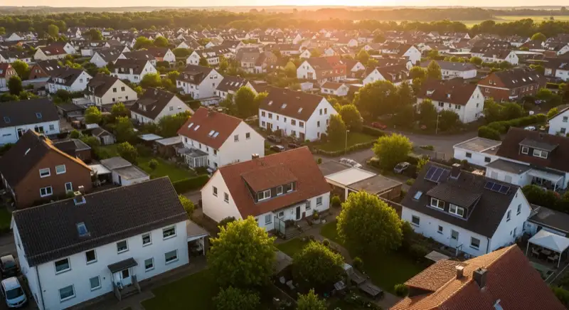 Aerial drone view of typical German residential neighborhood with mixed roof types, red and dark roof tiles, gardens visible, sunny day