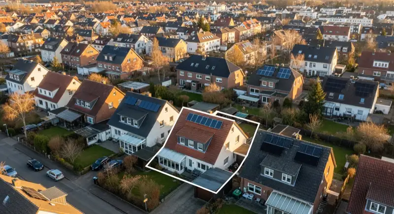 Aerial drone view of typical German residential neighborhood with mixed roof types, red and dark roof tiles, gardens visible, sunny day