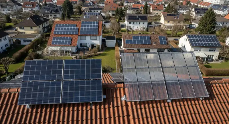 Aerial drone view of typical German residential neighborhood with mixed roof types, red and dark roof tiles, gardens visible, sunny day