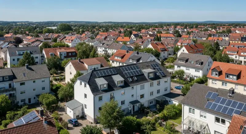 Aerial drone view of typical German residential neighborhood with mixed roof types, red and dark roof tiles, gardens visible, sunny day