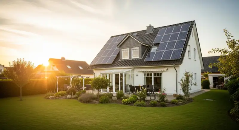 German detached house (Einfamilienhaus) with photovoltaic panels on pitched roof, well-maintained garden, warm afternoon sunlight