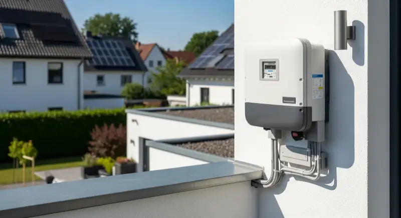 Modern German electrical meter cabinet (Zählerschrank) with smart meter and solar inverter connection, clean technical installation