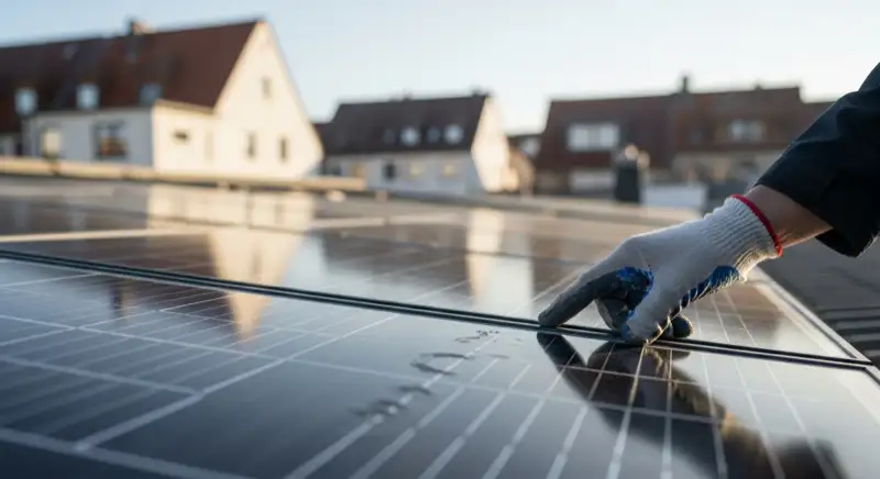 Installateur prüft PV-Module auf einem Wohnhaus in Amberg